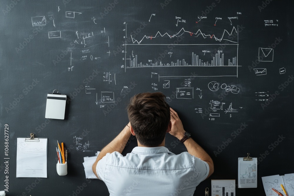 Poster a man stands focused in front of a chalkboard, analyzing intricate mathematical formulas and graphs 