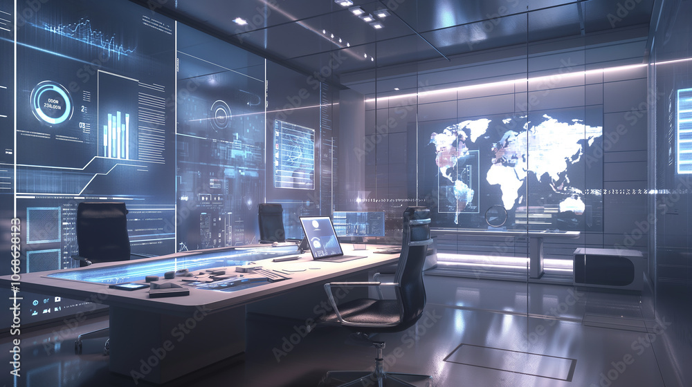 Poster holographic interface with data streams and interactive charts projected in a futuristic office, emp