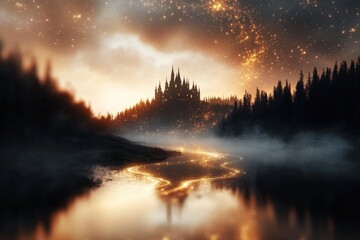 Fototapeta premium Enigmatic Castle Silhouette in Distant Landscape