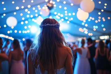 A bride stands elegantly amidst soft blue lighting at a dance, capturing the essence of beauty and celebration during a timeless moment in vibrant ambiance.