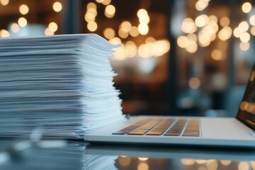 Obraz premium A large stack of white papers is placed beside an open laptop on a desk, with blurred bokeh lights in the background, conveying a busy work environment.