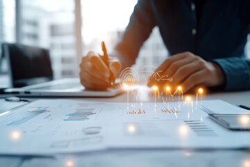 An individual at a desk closely examines financial charts and data on paper, while digital graphs and numbers overlay the scene, symbolizing modern analysis methods.