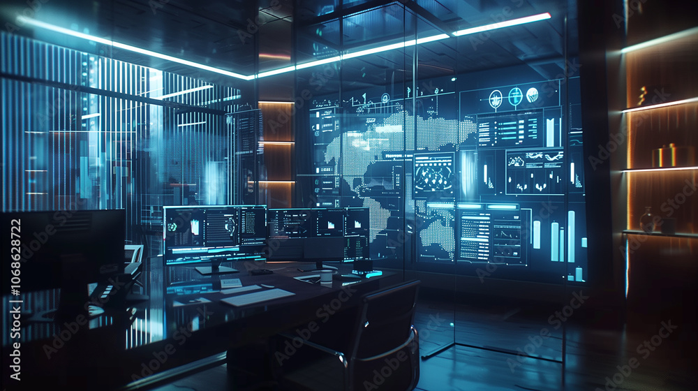 Poster holographic interface with data streams and interactive charts projected in a futuristic office, emp