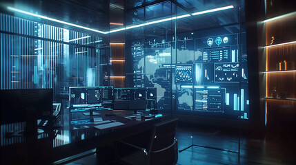 Fototapeta premium Holographic interface with data streams and interactive charts projected in a futuristic office, emphasizing AI and digital analysis.