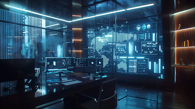Holographic interface with data streams and interactive charts projected in a futuristic office, emphasizing AI and digital analysis.