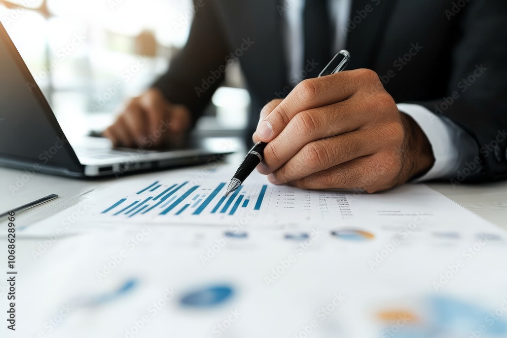 Poster a businessman inspects charts and graphs on paper while using a laptop, illustrating data analysis a