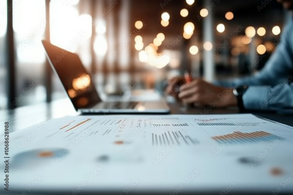 Poster graphs and data figures are in sharp focus while the background of an office setting is blurred, con
