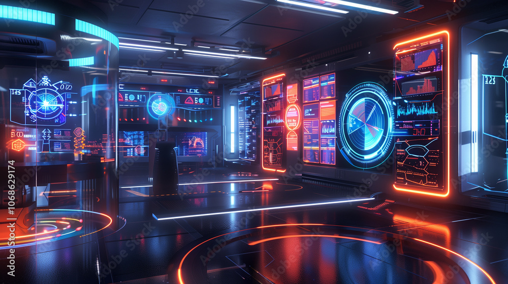 Poster holographic interface with data streams and interactive charts projected in a futuristic office, emp