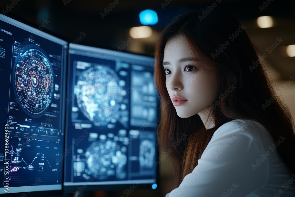Poster a woman with focused expression analyzing complex data visualizations on dual computer monitors, hig