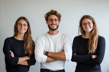 Three young professionals pose confidently, arms crossed, in casual business attire, representing teamwork, innovation, and a dynamic work environment.