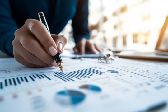 A person closely examines financial graphs and data charts with a pen in hand, highlighting critical decision-making in finance with a focus on thorough analysis.
