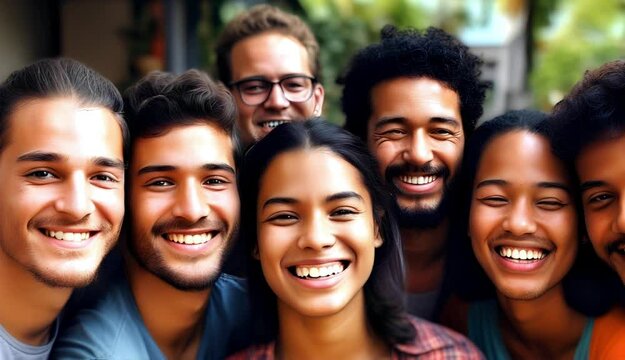 Asian, black, White people smiling together. Diverse group of people