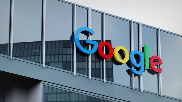 Manchester, UK - March 28, 2023 Google Alphabet only editorial Stock information on the logo of the office facade