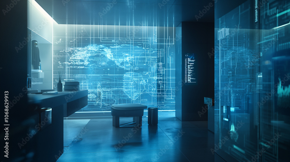 Poster holographic interface with data streams and interactive charts projected in a futuristic office, emp