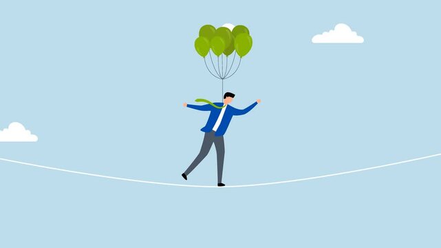 Risk management control, 4k animation of Businessman acrobat chooses to walk on a rope with balloons in order to lower the level of risk. 