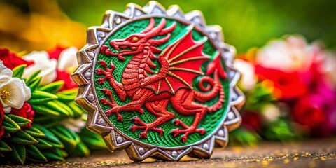 Stunning High Depth of Field Image of a Welsh Badge Featuring Iconic Symbols and Colors, Perfect for Cultural Representation and Heritage Promotion in Photography Projects