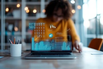 A woman uses a laptop with a floating holographic data display, emphasizing innovation, digital technology, and the merging of physical and virtual worlds.
