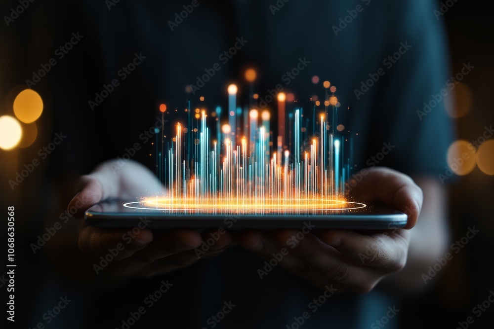 Poster a smartphone projecting dynamic holographic data streams in various colors, symbolizing connectivity