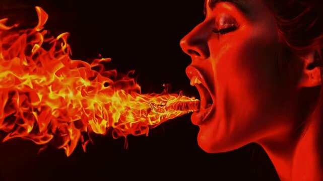 A woman's mouth turns into a fiery furnace, her breath exuding flames, after consuming an incredibly spicy dish. 