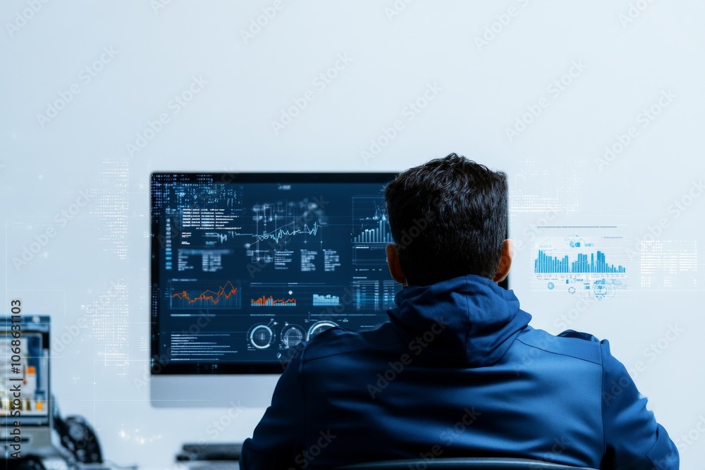 Poster the image depicts a person in a hoodie focused on analyzing complex data displayed on multiple compu