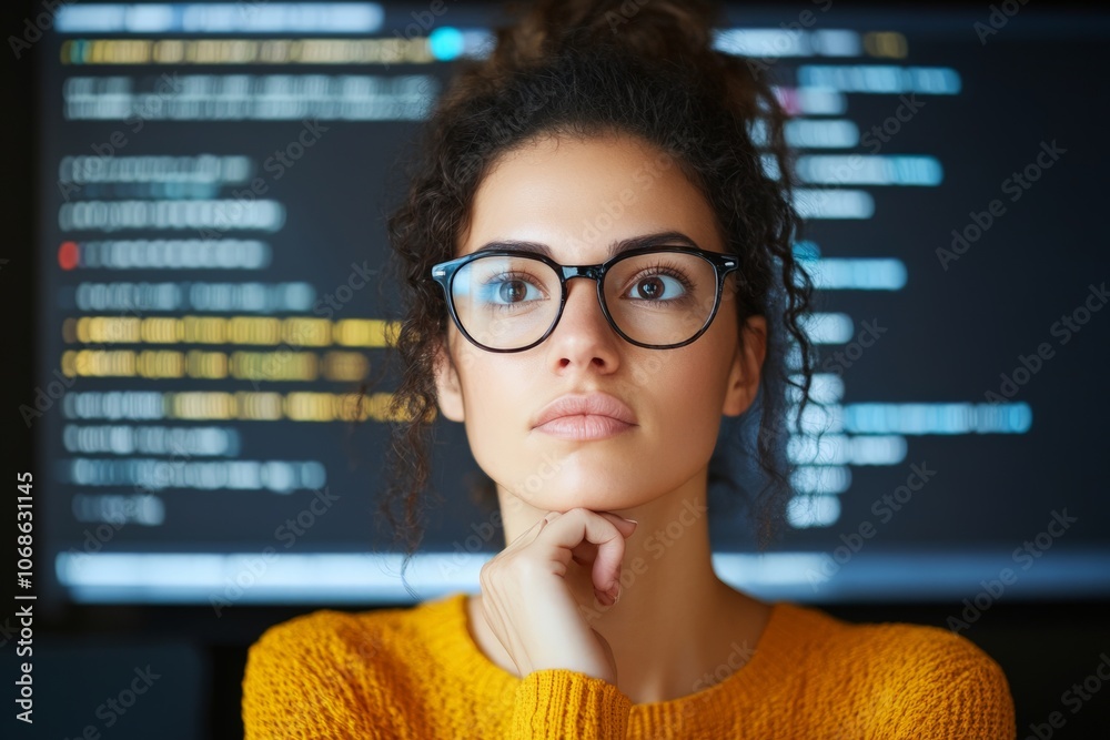 Poster a woman with glasses reflects in front of a programming screen in a tech-driven environment, embodyi