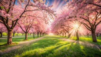 Fototapeta premium Stunning Long Exposure Cherry Tree Grove in Full Bloom, Capturing Blossoms, Spring Landscape, Nature's Beauty, Serene Atmosphere, Vibrant Colors, Tranquil Scene, Outdoor Photography
