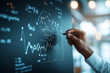 A person using a pen to write complex mathematical calculations on a transparent board in a bright, bustling office setting with overhead lights.
