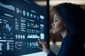 A determined woman in professional attire interacting with a large digital data display illuminated by bright lights, showcasing statistics and graphics.