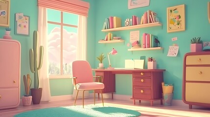 Fototapeta premium Colorful Home Office with Desk, Chair, and Bookshelves.