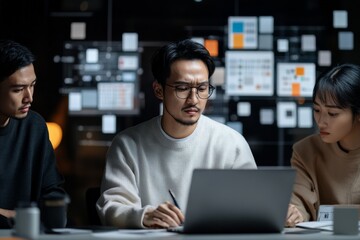 A focused team collaborates in a tech office, engaged on laptops. The environment is creative and professional, with digital elements emphasizing technology.