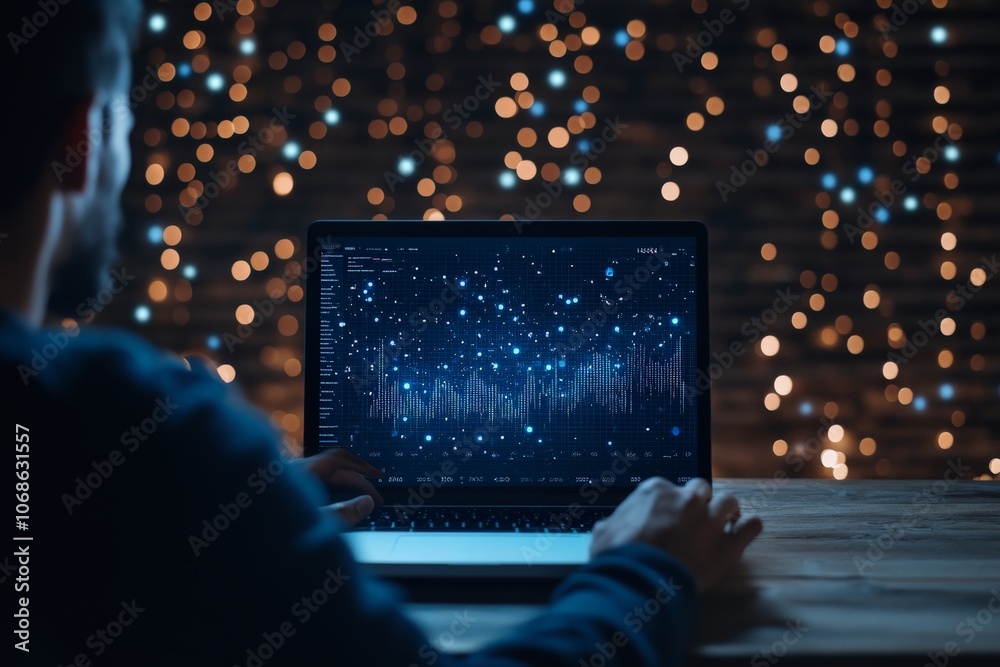 Poster a person is seen working on a laptop analyzing complex digital data visualizations. the image captur