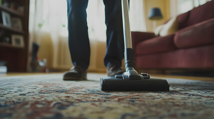A man is pushing a vacuum cleaner across a colorful rug in a sunlit living room, focusing on cleanliness and home care