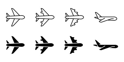 Airplane outline and filled icon set. Flight symbol. Arrival and departure sign. Vacation and journey pictogram. Aviation illustration.