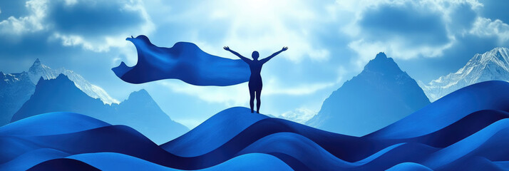 The figure with outstretched arms celebrates success on a wave, surrounded by majestic mountains and a bright sky, symbolizing empowerment and adventure
