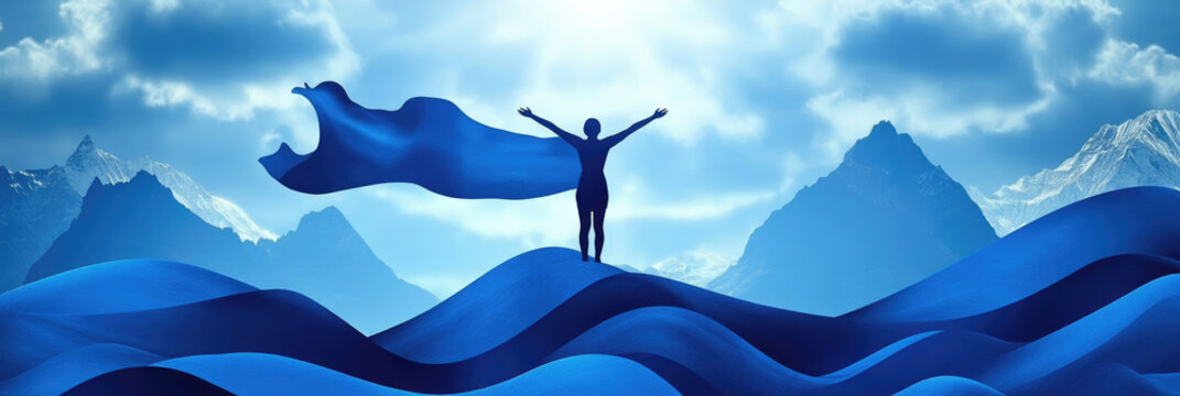 The figure with outstretched arms celebrates success on a wave, surrounded by majestic mountains and a bright sky, symbolizing empowerment and adventure