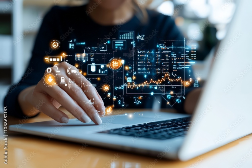 Poster a person navigates a laptop with digital analytics and data visualizations, showcasing dynamic inter