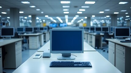 Naklejka premium Modern office interior with minimal decor, neutral tones, empty workspace with clean aesthetics