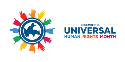 December is Universal Rights Month. Earth and hands. Great for cards, banners, posters, social media and more. White background.