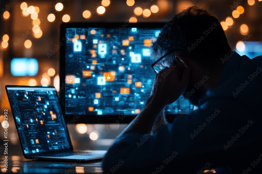 Poster an individual intensely focused on analyzing complex and colorful data patterns displayed on dual co