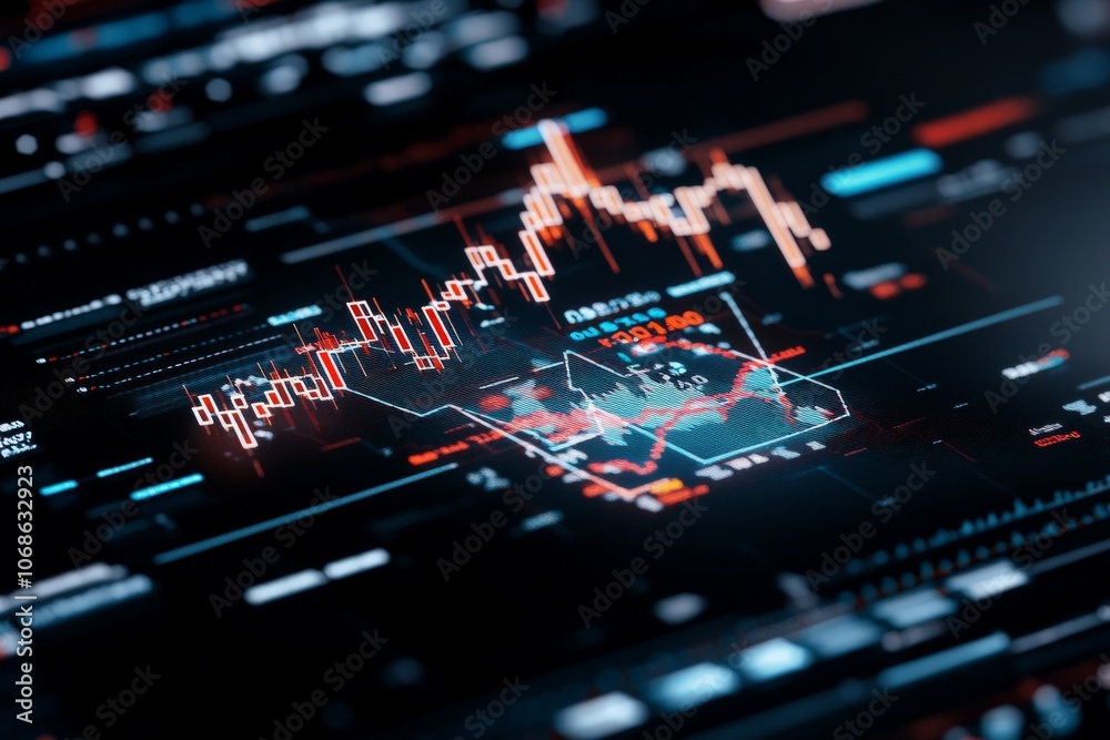Poster a vibrant and intricate financial graph displayed on a high-tech digital screen, showcasing a variet
