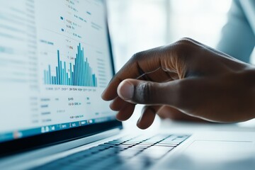 A person's hand reaching towards a detailed financial report on a laptop screen, symbolizing engagement with data analysis and decision-making in finance.