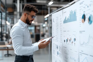 A professional examines detailed financial graphs and charts on a whiteboard, focusing on data analysis, business strategy, and digital transformation.