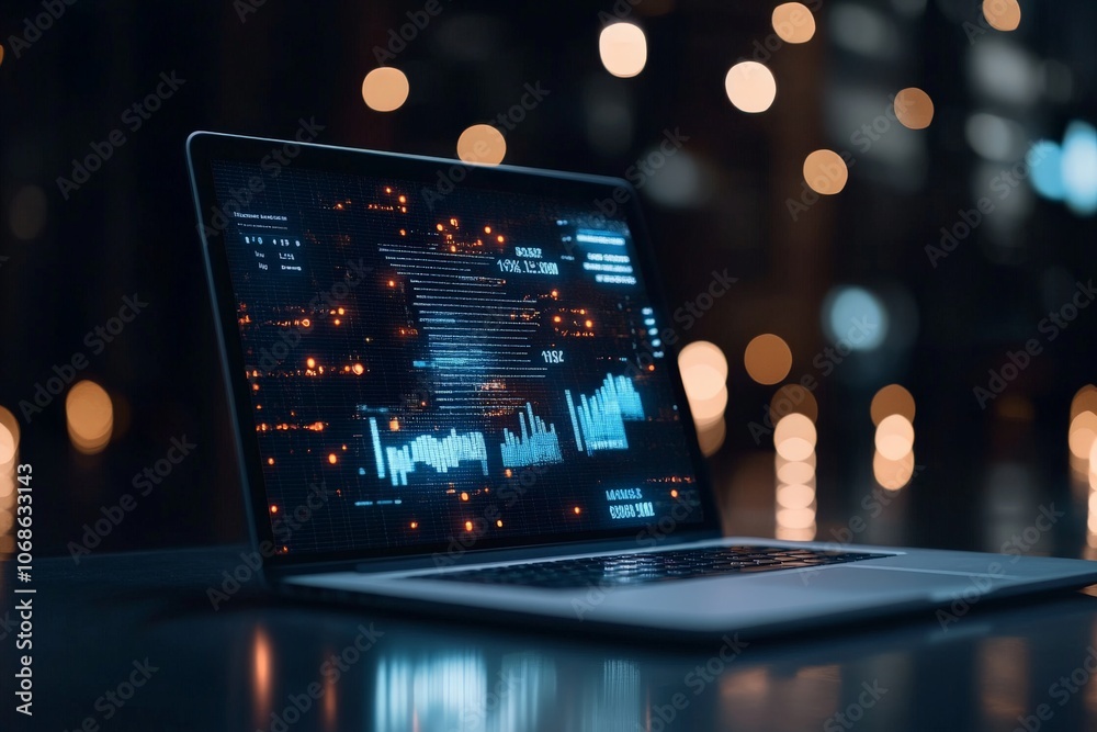 Poster laptop screen displaying abstract and intricate digital data visualizations set against a background