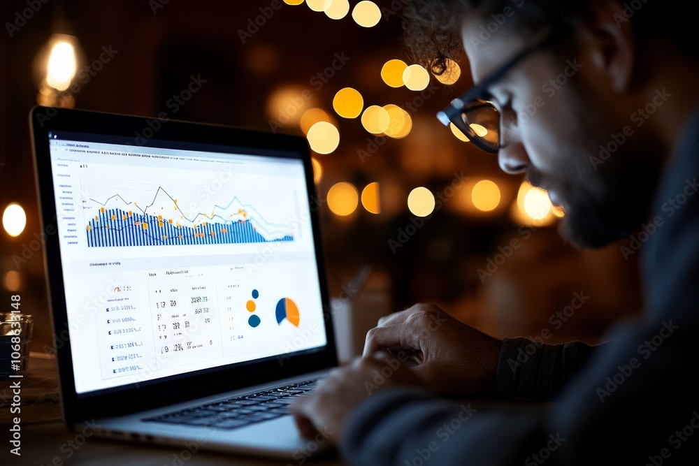 Poster a close-up of a person intensely analyzing digital charts and graphs on a laptop screen in a dimly l