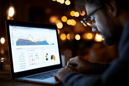 A close-up of a person intensely analyzing digital charts and graphs on a laptop screen in a dimly lit setting, representing focus and data-driven decisions.