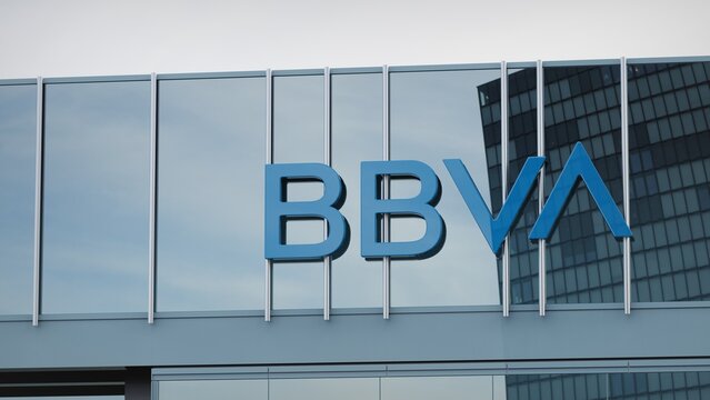 Birmingham, UK - September 22, 2020 BBVA Banco Bilbao Vizcaya Argentaria  only editorial Stock information on the logo of the office facade