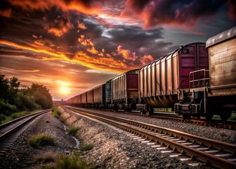 Obraz premium Stunning Night Photography of Freight Train Approaching at Sunset - Industrial Railroad Cargo Transportation, Scenic Landscape, and Vibrant Sky Colors