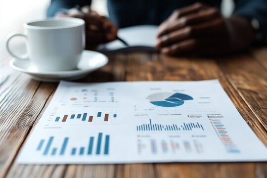 A person seated at a wooden table with a cup of coffee analyzing various financial charts, symbolizing focus, productivity, and the dynamic nature of market forecasting.