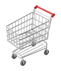 Shopping cart with red handle isolated on white background. Metal frame and wheels. Concept of retail shopping and consumerism. 3D Rendering