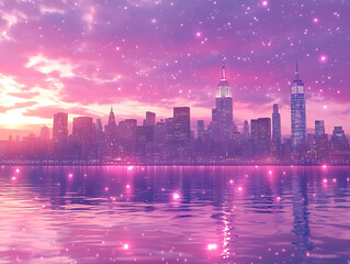 stunning city skyline at sunset, featuring vibrant pink hues and sparkling reflections on water. iconic buildings create magical atmosphere